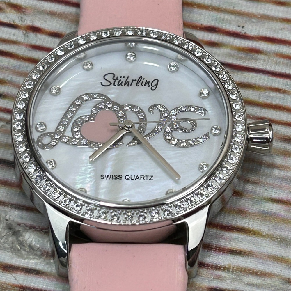Stuhrling Original Ladies Pink Leather Watch Mother of Pearl Love Heart Dial NIB